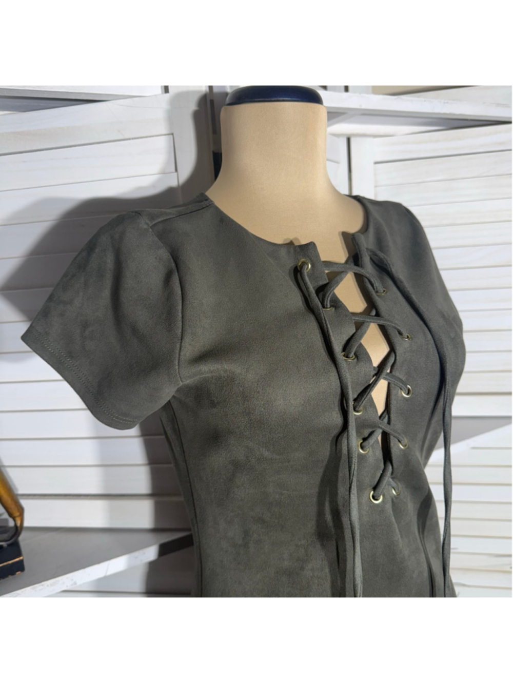 Vintage 90s Y2k dress faux suede green cage neck pixie fairy tinkerbell Ren Fair - Picture 10 of 10